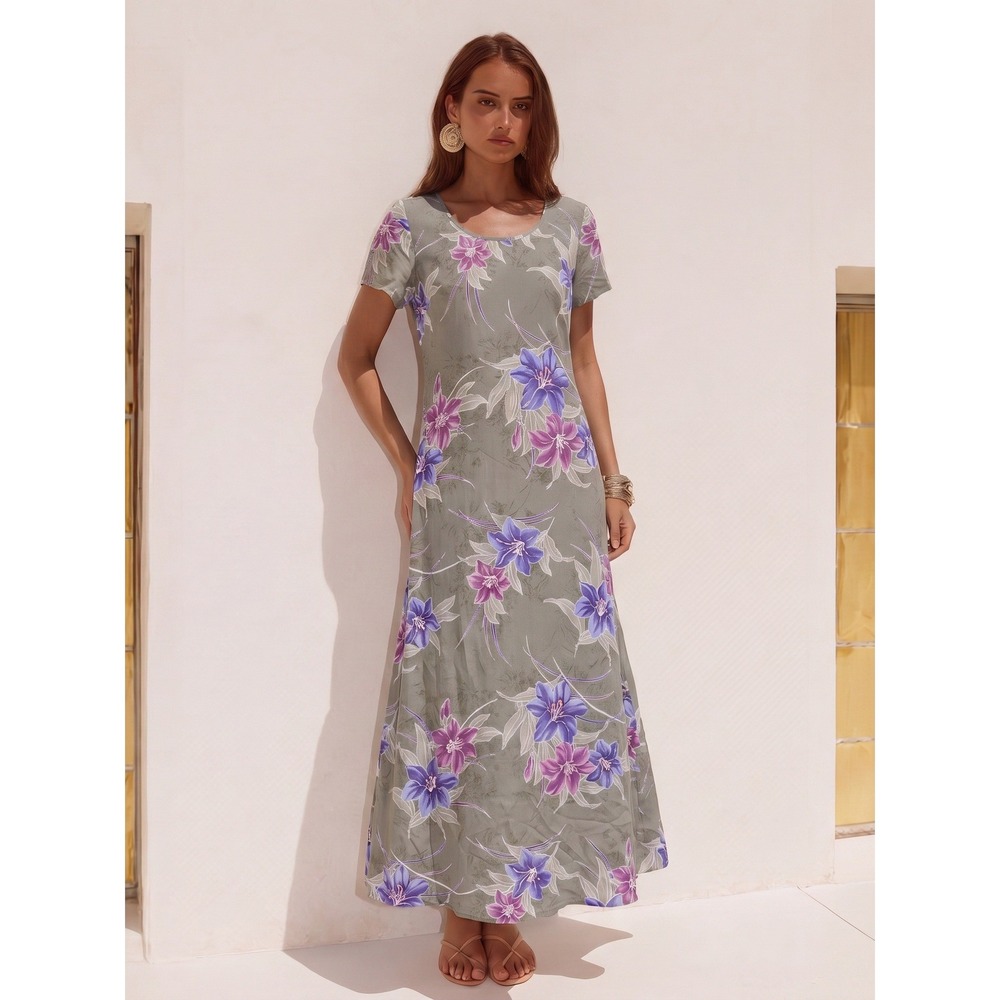 Tommy Bahama Silk Floral Maxi Dress 12 Tropical Hibiscus‎ Gray Excellent